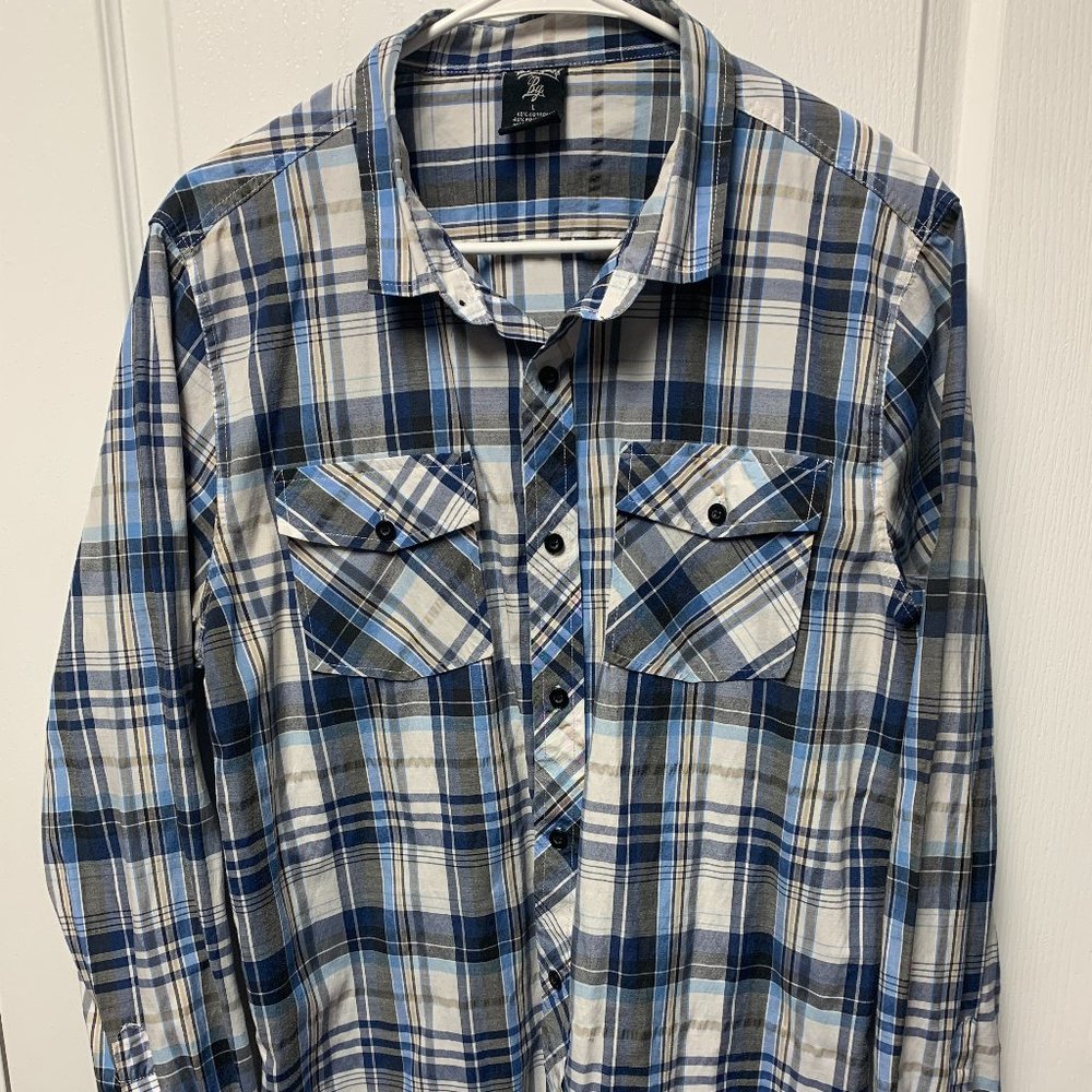 Blue plaid button up shirt